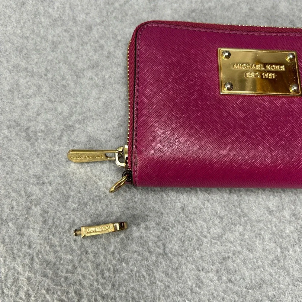 Michael Kors Plum Pink Leather Zip Around‎ Small Card Case Wallet Gold Hardware